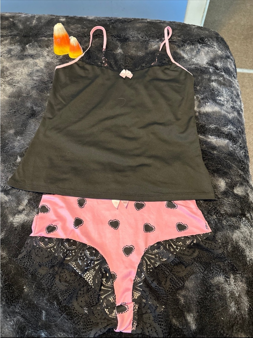 Black & Pink Lace-Trim Cami and Heart-Print Brief Set